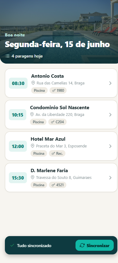 Poolveo: ecra da rota do dia com as paragens, cliente, morada e hora