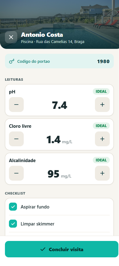 Poolveo: ecra de visita com leituras químicas e faixa ideal